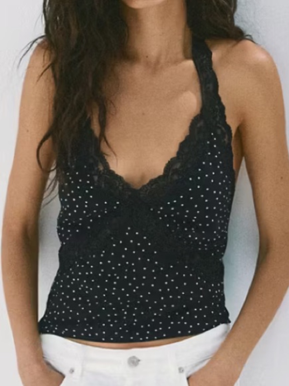 Mango Black Polka Dot Lace-Trim Halter Cami POLKA-DOT CROP TOP 2528